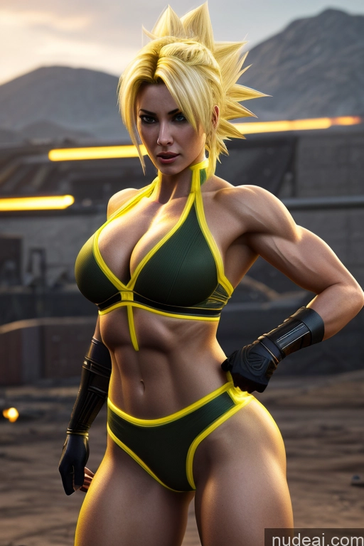 related ai porn images free for Super Saiyan Busty Muscular Front View Cyborg Woman Science Fiction Style Neon Lights Clothes: Yellow Battlefield Desert Mountains