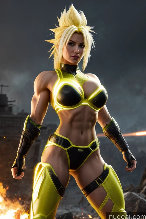 ai nude image of arafed woman in yellow and black outfit posing in front of a fire pics of Super Saiyan Busty Front View Woman Science Fiction Style Neon Lights Clothes: Yellow Blonde Neon Lights Clothes: Orange Neon Lights Clothes: Red Martial Arts Abs Muscular Cosplay Cyborg Battlefield