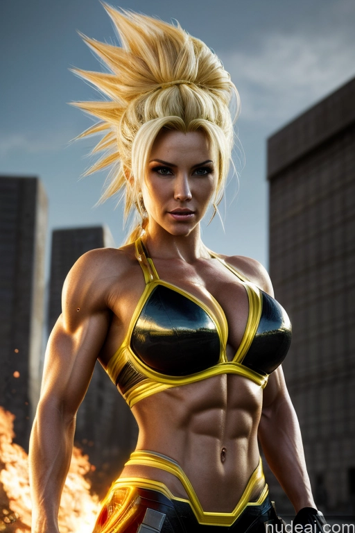 ai nude image of blond woman in a bikini with a fire in the background pics of Super Saiyan Busty Front View Woman Science Fiction Style Neon Lights Clothes: Yellow Blonde Neon Lights Clothes: Orange Neon Lights Clothes: Red Martial Arts Abs Muscular Cosplay Cyborg Battlefield