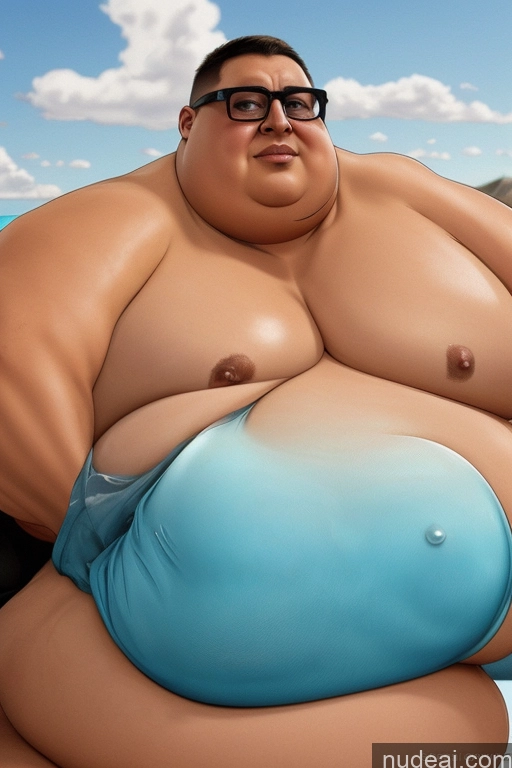 ai nude image of araffed fat man in a blue swimsuit and glasses sitting on a beach pics of Woman Busty Huge Boobs Perfect Boobs Beautiful Glasses Muscular Big Ass Thick Big Hips Long Legs Tall Dark Skin Oiled Body 20s Yacht Spreading Legs One Partially Nude Chubby Fat