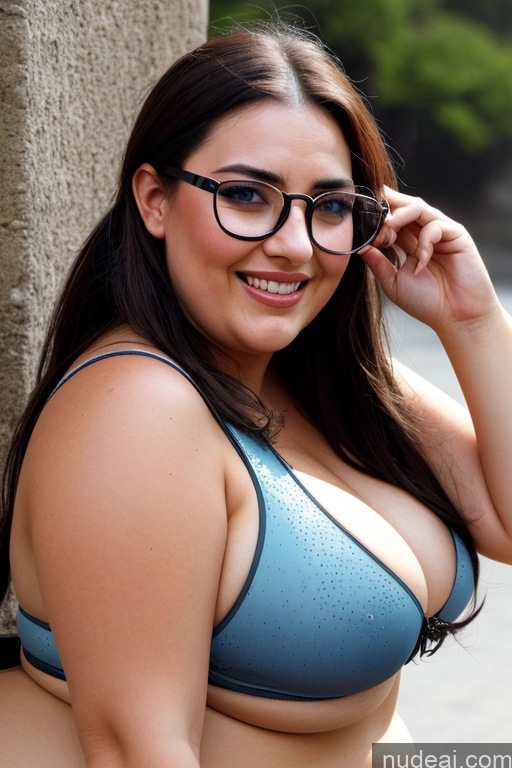 ai nude image of arafed woman in a blue bikini and glasses posing for a picture pics of Woman One Busty Huge Boobs Glasses Big Ass Chubby Thick Pubic Hair Big Hips 30s Happy Black Hair Pigtails German Front View Nude Lake Blowjob Topless