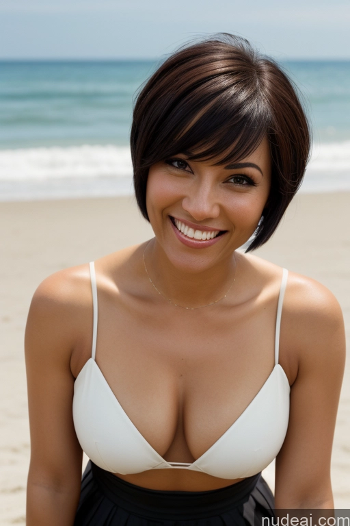 ai nude image of smiling woman in white top and black skirt on beach with ocean in background pics of One Small Tits Small Ass Fairer Skin Dark Skin Pubic Hair Short Hair 40s Happy Sexy Face Black Hair Straight Bobcut Hair Bun Ponytail Native American Bending Over Long Skirt Topless Jewelry Beach Model Woman