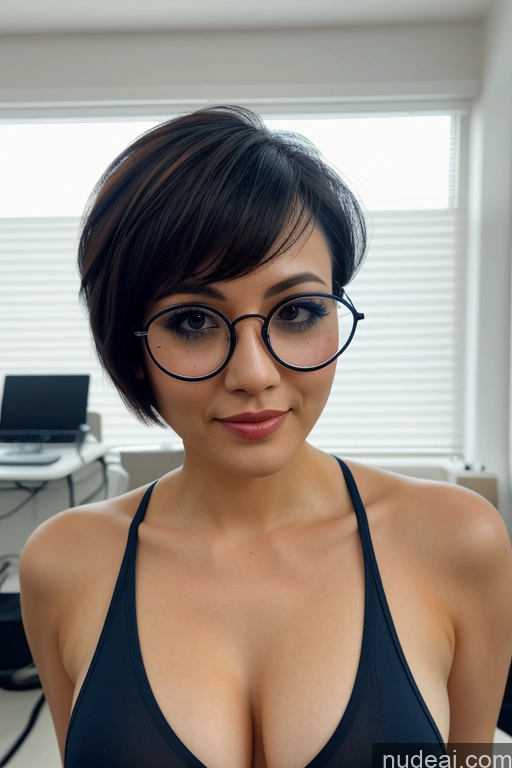 ai nude image of there is a woman with glasses and a black bra top pics of Detailed Small Tits Glasses Small Ass Short Short Hair Pubic Hair Hospital Lab Coat Chinese Topless Asian Skinny