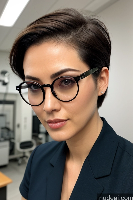 ai nude image of there is a woman wearing glasses and a suit in a room pics of Detailed Small Tits Glasses Small Ass Short Short Hair Pubic Hair Hospital Lab Coat Chinese Asian Skinny Front View Topless