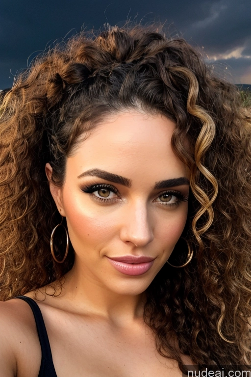 ai nude image of arafed woman with curly hair and big hoop earrings posing for a picture pics of Curly Hair Brunette Mirror Selfie Woman Hell Sexy Face Two Blowjob