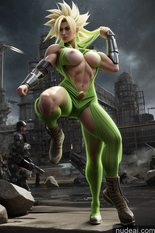 ai nude image of a woman in a green outfit is posing in front of a city pics of Super Saiyan Busty Neon Lights Clothes: Green Front View Green Hair Muscular Several Two Science Fiction Style Neon Lights Clothes: Red Neon Lights Clothes: Orange Battlefield Cyborg Woman Cosplay