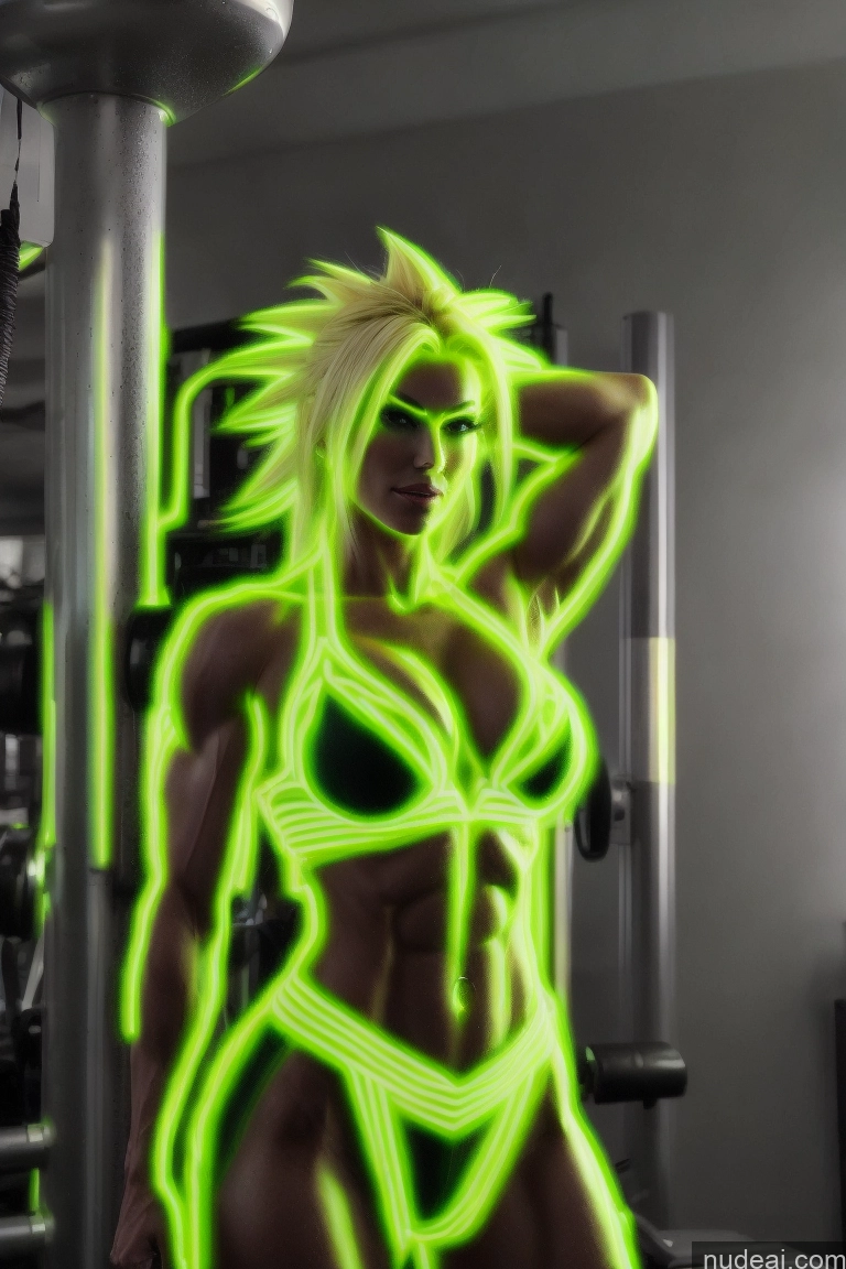 ai nude image of arafed woman in a bikini posing in a gym pics of Super Saiyan Busty Neon Lights Clothes: Green Front View Green Hair Muscular Several Two Science Fiction Style Woman Neon Lights Clothes: Yellow