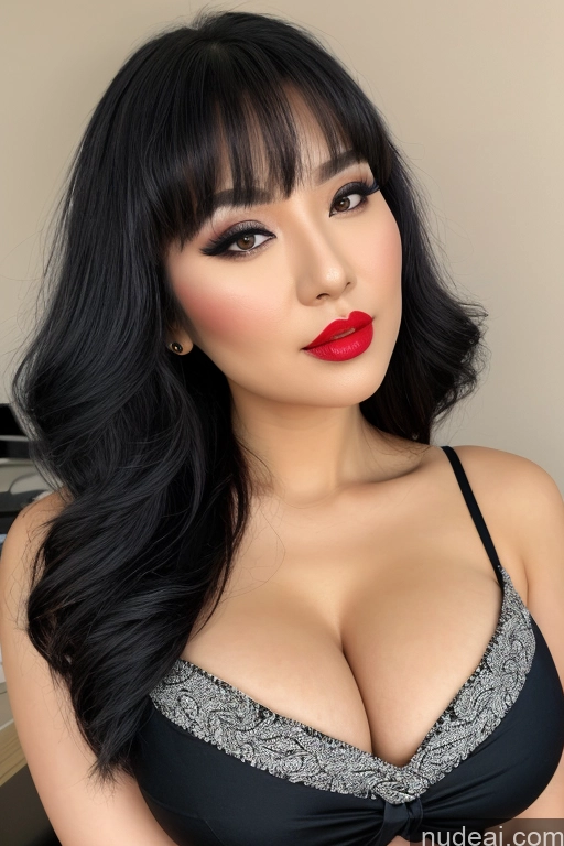 ai nude image of araffed asian woman with red lips and black hair posing for a picture pics of Big Hips Busty Japanese 20s Lipstick Bangs Blouse Sari