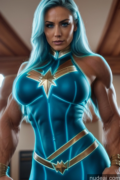 related ai porn images free for Woman Busty Muscular Blue Hair Deep Blue Eyes Front View Superhero Neon Lights Clothes: Blue Cosplay Captain Marvel Science Fiction Style Abs Several Two