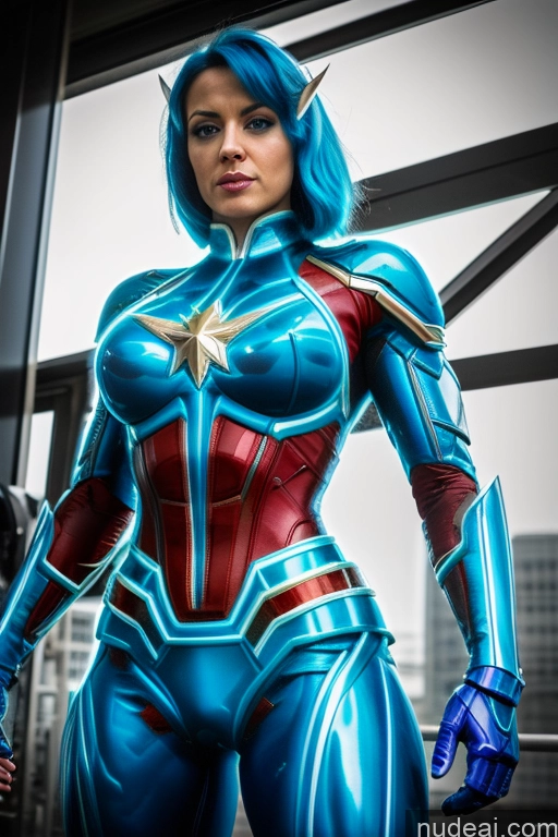 ai nude image of araffe woman in a blue costume posing for a picture pics of Woman Busty Blue Hair Deep Blue Eyes Front View Superhero Neon Lights Clothes: Blue Cosplay Captain Marvel Science Fiction Style Abs SuperMecha: A-Mecha Musume A素体机娘 Bodybuilder