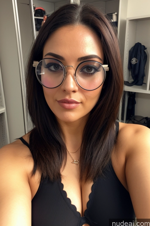 ai nude image of arafed woman wearing glasses and a bra top posing for a picture pics of Busty Glasses Big Ass Beautiful Thick Woman 20s Brunette Latina One Bending Over Fishnet Sexy Face Ponytail Mirror Selfie Jewelry Cleavage Bra Panties Back View Blowjob Locker Room