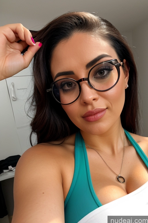 ai nude image of there is a woman with glasses and a green tank top pics of Busty Glasses Big Ass Beautiful Thick Woman 20s Brunette Latina One Bending Over Fishnet Sexy Face Ponytail Mirror Selfie Jewelry Cleavage Bra Panties Back View Blowjob Locker Room