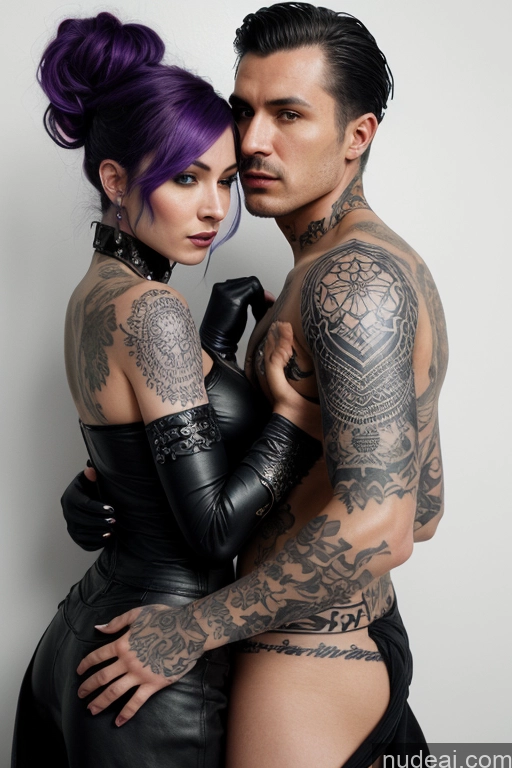 ai nude image of tattooed man and woman posing for a picture in leather clothing pics of Detailed Dark Lighting Witch Vampire Steampunk Pilot Leather 80s Green Hair Purple Hair Blue Hair Messy Fairer Skin Dark_Fantasy_Style Bomber Dominatrix Club Party Strip Club Stage Skinny Victorian Tattoos Gloves Goth Perfect Boobs Woman + Man Two Several One