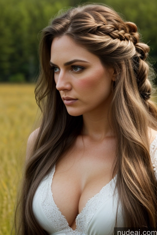 ai nude image of arafed woman with long hair in a white dress in a field pics of Woman One Perfect Boobs Pubic Hair Big Hips Long Hair Fairer Skin 20s Sad Blonde Braided Swedish Soft + Warm Meadow Front View Nude Bright Lighting Simple