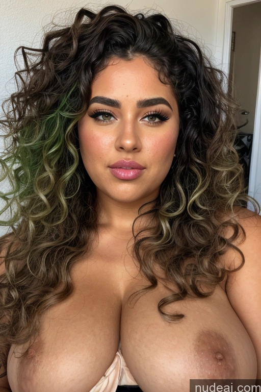 ai nude image of a close up of a woman with a big breast and a green hair pics of One Woman Huge Boobs Chubby Short Curly Hair Long Hair Tanned Skin 20s Pouting Lips Green Hair Black Front View Cumshot Big Ass Locker Room