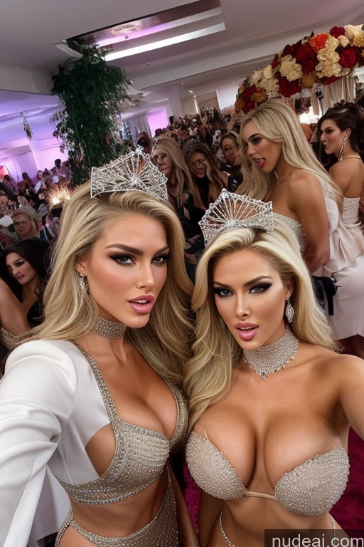 ai nude image of two women in lingersuits posing for a picture in front of a crowd pics of Miss Universe Model Huge Boobs Perfect Boobs 20s Two Several Party Mirror Selfie Blonde Close-up View Shocked Choker