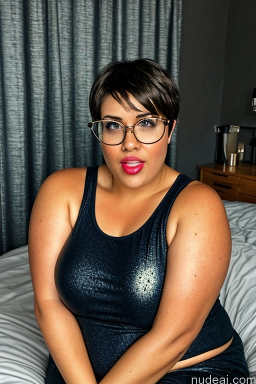 ai nude image of there is a woman sitting on a bed wearing glasses pics of Milf One Huge Boobs Glasses Chubby Short Hair Pregnant Ahegao Black Hair Bangs Asian Bedroom Front View Spreading Legs Nude Bright Lighting Jewelry