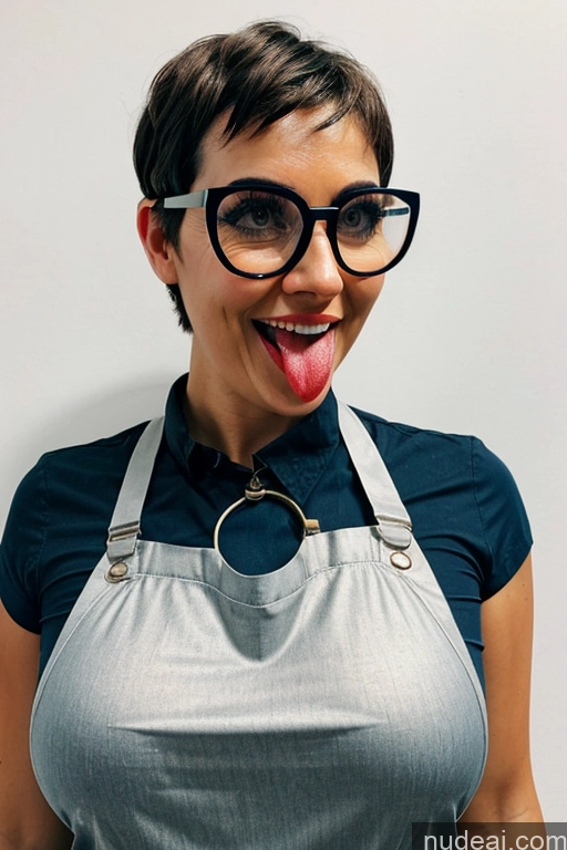 ai nude image of there is a woman with glasses and a gray apron making a funny face pics of Milf One Huge Boobs Glasses Short Hair Pregnant Black Hair Bangs Bedroom Nude Bright Lighting Jewelry Detailed T-pose Happy Ahegao 40s Arabic Apron