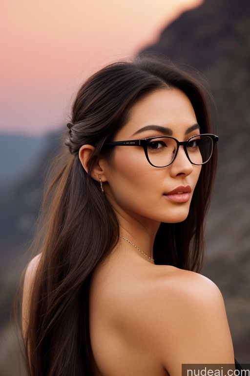 ai nude image of arafed woman with glasses and a black dress posing for a picture pics of Model Small Tits Long Hair Pubic Hair 18 Sad Serious Seductive Pouting Lips Sexy Face Black Hair Straight Asian Chinese Vietnamese Film Photo Soft + Warm Front View Nude On Back Hell One