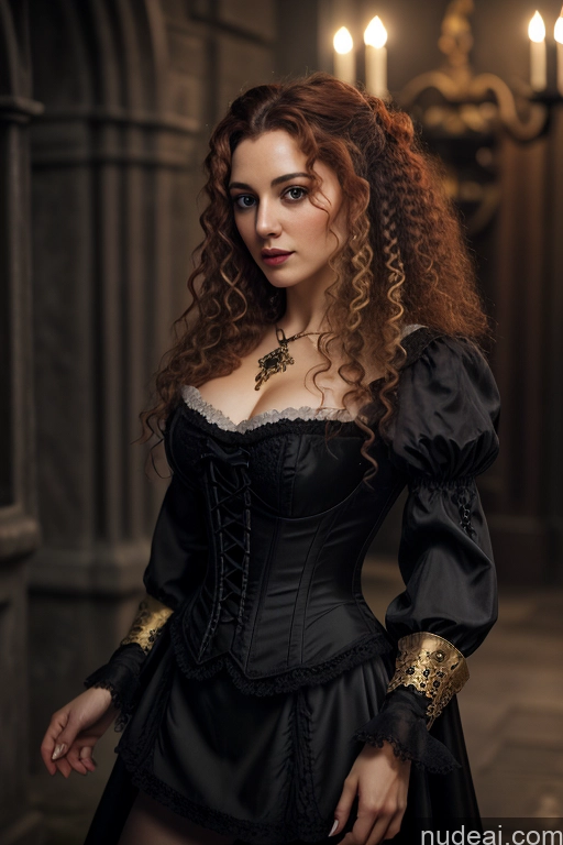 Detailed Dark Lighting Gold Jewelry French Musketeer Dress Victorian Vampire Satin Corset Dark_Fantasy_Style Swedish Irish Messy Ginger Seductive Fairer Skin Curly Hair British Russian Film Photo Dark Fantasy Small Tits Human SexToy Church Moon Prison Goth Halloween Medieval