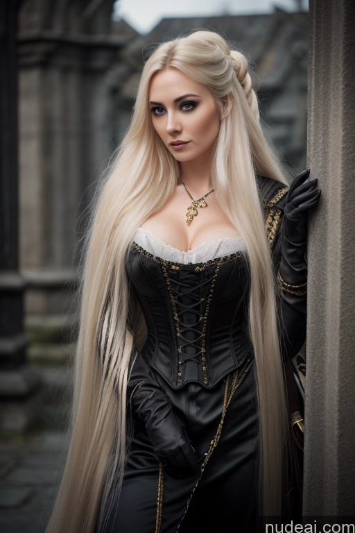 Detailed Dark Lighting Gold Jewelry French Musketeer Dress Victorian Vampire Satin Corset Dark_Fantasy_Style Swedish Messy Seductive Fairer Skin Film Photo Dark Fantasy Church Moon Prison Goth Halloween Medieval White Big Hips Long Hair Blonde Scandinavian French Busty