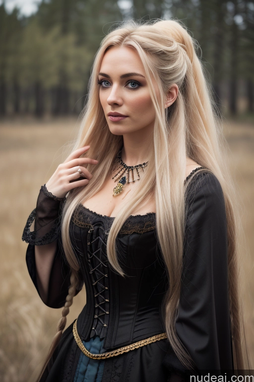 Detailed Dark Lighting Gold Jewelry French Musketeer Dress Victorian Vampire Satin Corset Dark_Fantasy_Style Swedish Messy Seductive Fairer Skin Film Photo Dark Fantasy Church Moon Prison Goth Halloween Medieval White Big Hips Long Hair Blonde Scandinavian French Busty Wedding