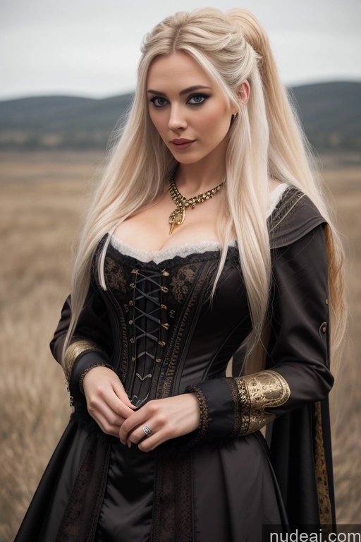 Detailed Dark Lighting Gold Jewelry French Musketeer Dress Victorian Vampire Satin Corset Dark_Fantasy_Style Swedish Messy Seductive Fairer Skin Film Photo Dark Fantasy Church Moon Prison Goth Halloween Medieval White Big Hips Long Hair Blonde Scandinavian French Busty Wedding Nun