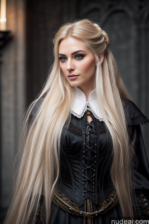 Detailed Dark Lighting Gold Jewelry French Musketeer Dress Victorian Vampire Satin Corset Dark_Fantasy_Style Swedish Messy Seductive Fairer Skin Film Photo Dark Fantasy Church Moon Prison Goth Halloween Medieval White Big Hips Long Hair Blonde Scandinavian French Busty Wedding Nun