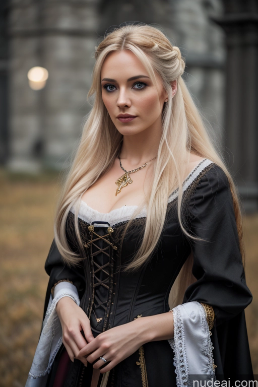 Dark Lighting Gold Jewelry French Musketeer Dress Victorian Vampire Satin Corset Dark_Fantasy_Style Swedish Messy Seductive Fairer Skin Film Photo Dark Fantasy Church Moon Prison Goth Halloween Medieval White Big Hips Long Hair Blonde Scandinavian French Busty Wedding Nun Cleavage Alternative