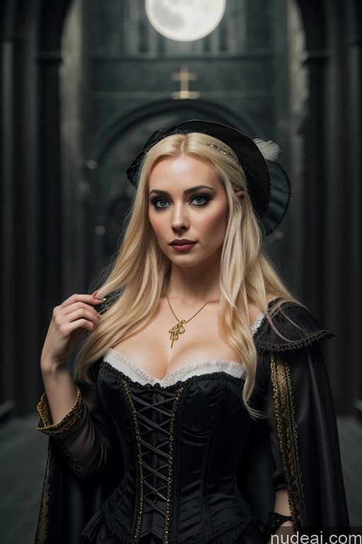 Dark Lighting Gold Jewelry French Musketeer Dress Victorian Vampire Satin Corset Dark_Fantasy_Style Swedish Seductive Fairer Skin Film Photo Dark Fantasy Church Moon Prison Goth Halloween Medieval White Big Hips Blonde Scandinavian French Busty Wedding Nun Cleavage Alternative