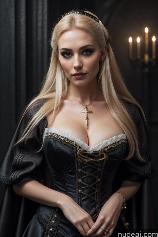 Dark Lighting Gold Jewelry French Musketeer Dress Victorian Vampire Satin Corset Dark_Fantasy_Style Swedish Seductive Fairer Skin Film Photo Dark Fantasy Church Moon Prison Goth Halloween Medieval White Big Hips Blonde Scandinavian French Busty Wedding Nun Cleavage Alternative Niqab