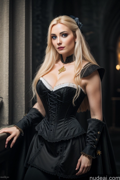 Dark Lighting Gold Jewelry French Musketeer Dress Victorian Vampire Satin Corset Dark_Fantasy_Style Swedish Seductive Fairer Skin Film Photo Dark Fantasy Church Moon Prison Goth Halloween Medieval White Big Hips Blonde Scandinavian French Busty Wedding Nun Cleavage Alternative Niqab