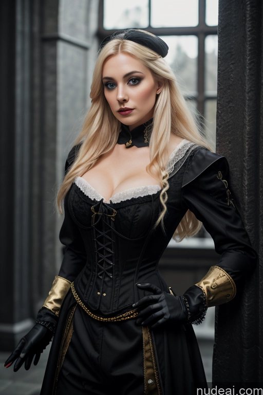 Dark Lighting Gold Jewelry French Musketeer Dress Victorian Vampire Satin Corset Dark_Fantasy_Style Swedish Seductive Fairer Skin Film Photo Dark Fantasy Church Moon Prison Goth Halloween Medieval White Big Hips Blonde Scandinavian French Busty Wedding Nun Cleavage Alternative Niqab