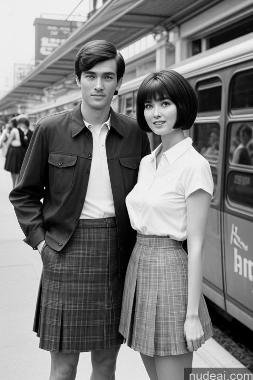 ai nude image of arafed couple standing in front of a train at a station pics of Sorority Skinny Small Tits Short Small Ass 18 Asian Japanese Filipina Film Photo Skin Detail (beta) Kilt Long Skirt Thigh Socks Transparent Detailed Military Bus Street Train Bobcut Short Hair 60s 70s Vintage Dark Lighting High Socks Shirt Several Woman + Man