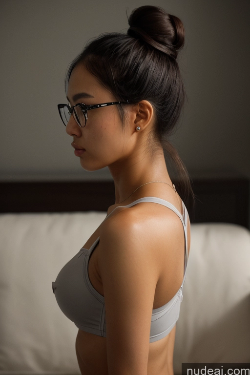 ai nude image of there is a woman in a bra top and glasses sitting on a bed pics of Detailed Dark Lighting Kidnapped-bdsm-willing Partner Prison Cave 18 Hair Bun Vietnamese Thai Filipina Malaysian Mongolian Small Tits Skinny Pubic Hair Human SexToy Athlete Dark Skin Sad Serious