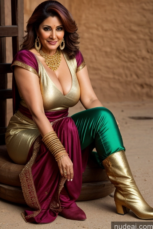 ai nude image of araffe woman in a gold and green outfit sitting on a wooden bench pics of Milf Salwar Harem Pants Boots Gold Jewelry Wine Short Busty Desert 50s