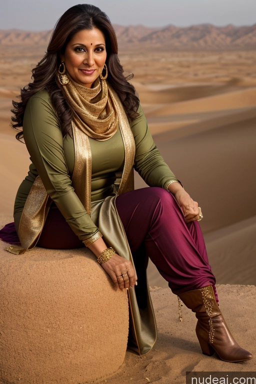 ai nude image of araffe woman sitting on a rock in the desert pics of Milf Salwar Harem Pants Boots Gold Jewelry Wine Short Busty Desert 50s Brunette Scarf