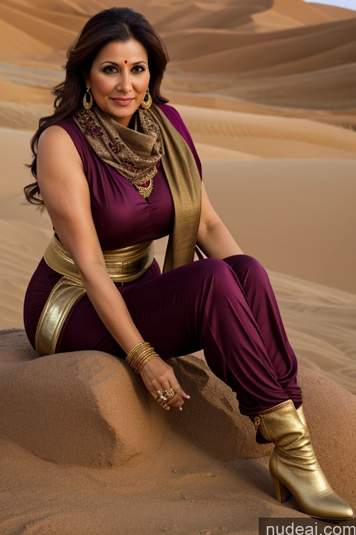 ai nude image of araffe woman in a purple dress and gold accessories sitting on a rock pics of Milf Salwar Harem Pants Boots Gold Jewelry Wine Short Busty Desert 50s Brunette Scarf