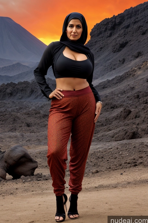 ai nude image of arafed woman in black top and red pants standing in front of a mountain pics of Milf 60s Arabic Harem Pants Nun Salwar Huge Boobs High Heels High Socks Skin Detail (beta) Hell