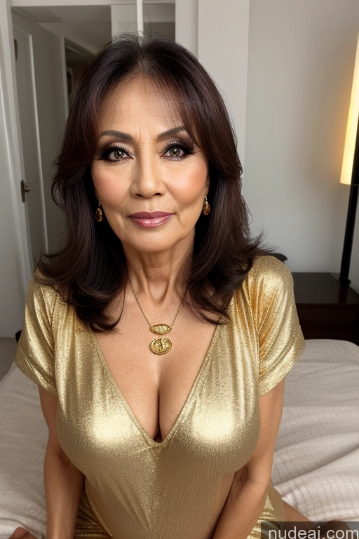 ai nude image of there is a woman in a gold dress sitting on a bed pics of Woman One Fairer Skin 70s Sexy Face Brunette Indonesian Skin Detail (beta) Front View Gold Jewelry Jewelry Bright Lighting Nightgown Pregnant