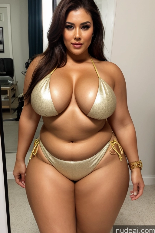 ai nude image of a woman in a gold bikini posing for a picture in a mirror pics of One Fairer Skin Sexy Face Brunette Indonesian Front View Bikini Bright Lighting Gold Jewelry Jewelry Dark Lighting Beautiful Busty Perfect Body Small Ass Tall Chubby Woman 60s Mirror Selfie