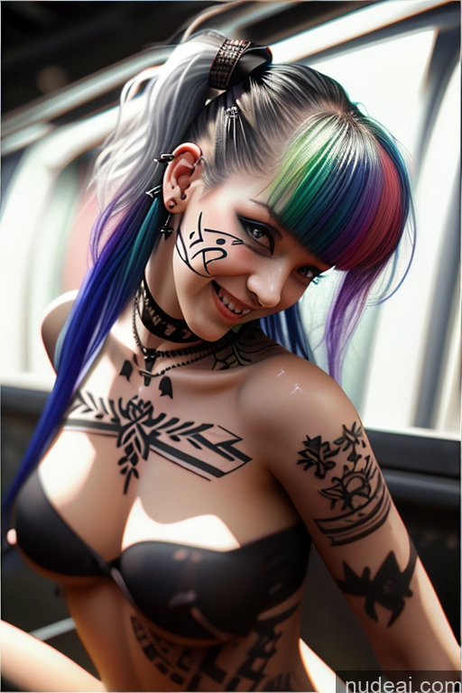 ai nude image of arafed woman with colorful hair and tattoos posing in a car pics of Laughing Rainbow Haired Girl Greek Close-up View Bra Pull Down Nude Gothic Punk Girl Huge Boobs Crop Shirt Underboob Tattoos Big Ass