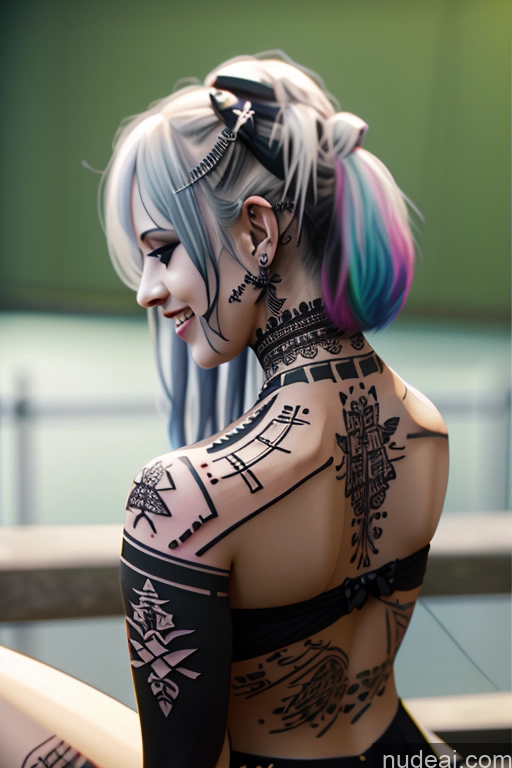 ai nude image of arafed woman with tattoos on her body sitting on a bench pics of Laughing Rainbow Haired Girl Greek Close-up View Bra Pull Down Nude Gothic Punk Girl Huge Boobs Crop Shirt Underboob Tattoos Big Ass