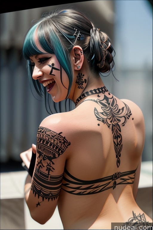 ai nude image of there is a woman with tattoos on her back and a tattoo on her arm pics of Laughing Rainbow Haired Girl Greek Close-up View Bra Pull Down Nude Gothic Punk Girl Huge Boobs Crop Shirt Underboob Tattoos Big Ass