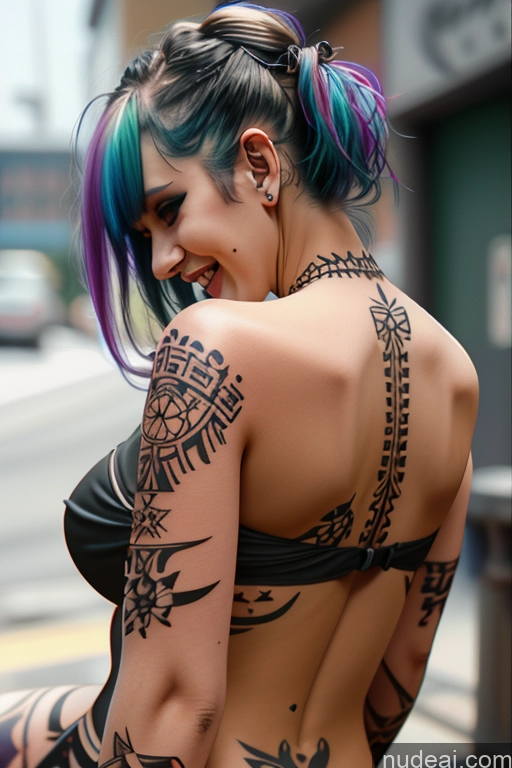 ai nude image of arafed woman with tattoos on her back and a tattoo on her arm pics of Laughing Rainbow Haired Girl Greek Close-up View Bra Pull Down Nude Gothic Punk Girl Huge Boobs Crop Shirt Underboob Tattoos Big Ass