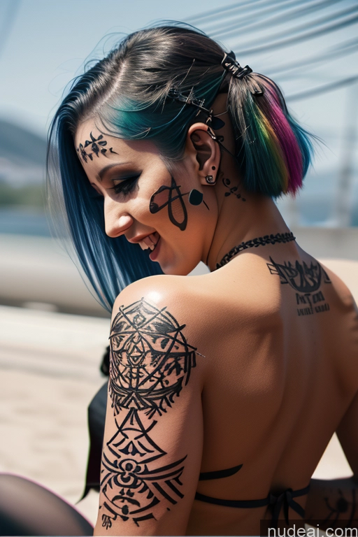 ai nude image of arafed woman with tattoos on her back and neck sitting on a beach pics of Laughing Rainbow Haired Girl Greek Close-up View Bra Pull Down Nude Gothic Punk Girl Huge Boobs Crop Shirt Underboob Tattoos Big Ass