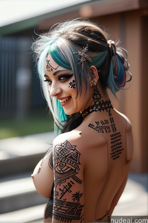 ai nude image of arafed woman with blue hair and tattoos on her chest pics of Laughing Rainbow Haired Girl Greek Close-up View Bra Pull Down Nude Gothic Punk Girl Huge Boobs Crop Shirt Underboob Tattoos Big Ass