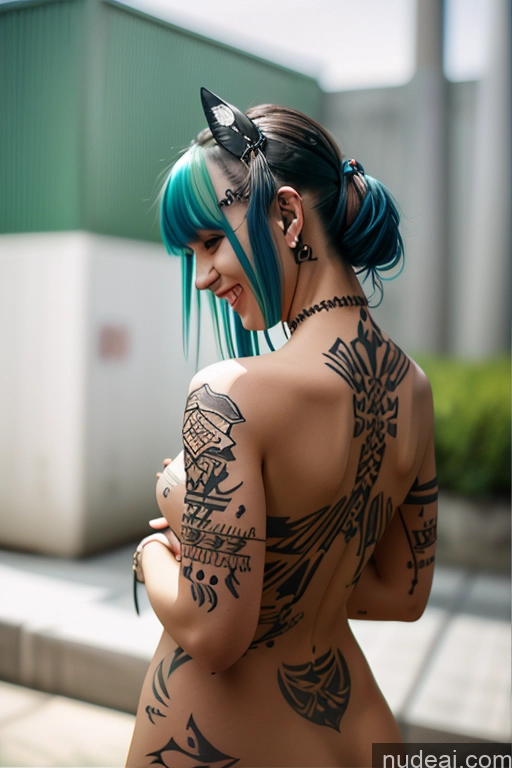 ai nude image of arafed woman with blue hair and tattoos on her back pics of Laughing Rainbow Haired Girl Greek Close-up View Bra Pull Down Nude Gothic Punk Girl Huge Boobs Crop Shirt Underboob Tattoos Big Ass