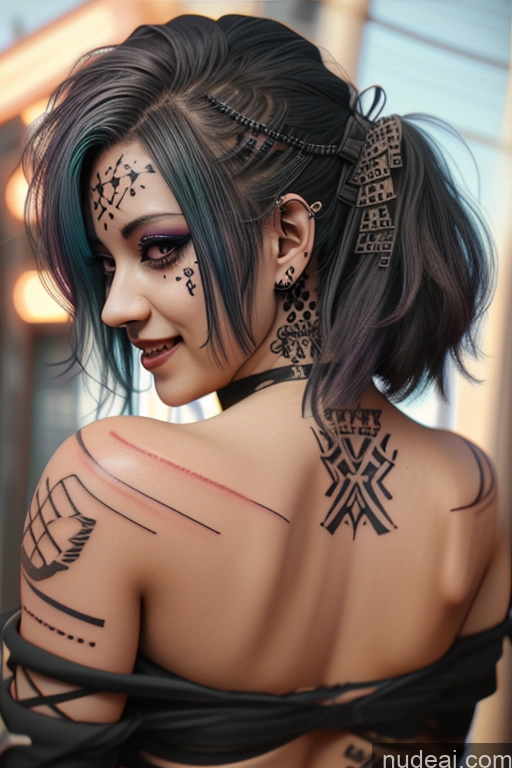 ai nude image of there is a woman with tattoos on her back and a black dress pics of Laughing Rainbow Haired Girl Greek Close-up View Bra Pull Down Nude Gothic Punk Girl Huge Boobs Crop Shirt Underboob Tattoos Big Ass POV Focus Sex