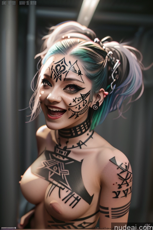 ai nude image of arafed woman with tattoos and piercings posing for a picture pics of Laughing Rainbow Haired Girl Greek Close-up View Bra Pull Down Nude Gothic Punk Girl Huge Boobs Crop Shirt Underboob Tattoos Big Ass POV Focus Sex